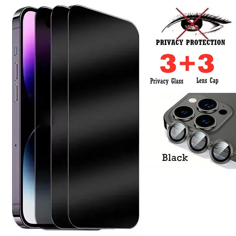 Vidrio de protección de privacidad 6 en 1 + tapa de lente de cámara Protector de pantalla Anti Peep para iPhone 17 16 15 Pro Max 13 mini 14 Plus 16e 12 11