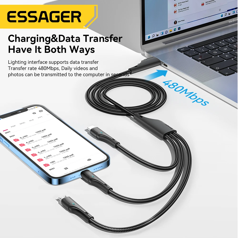 Essager-Cable de carga rápida 3 en 1 para iPhone 14, 13 Pro Max, Huawei, Samsung, Cable Micro USB tipo C, Cable cargador de teléfono móvil - imagen 4