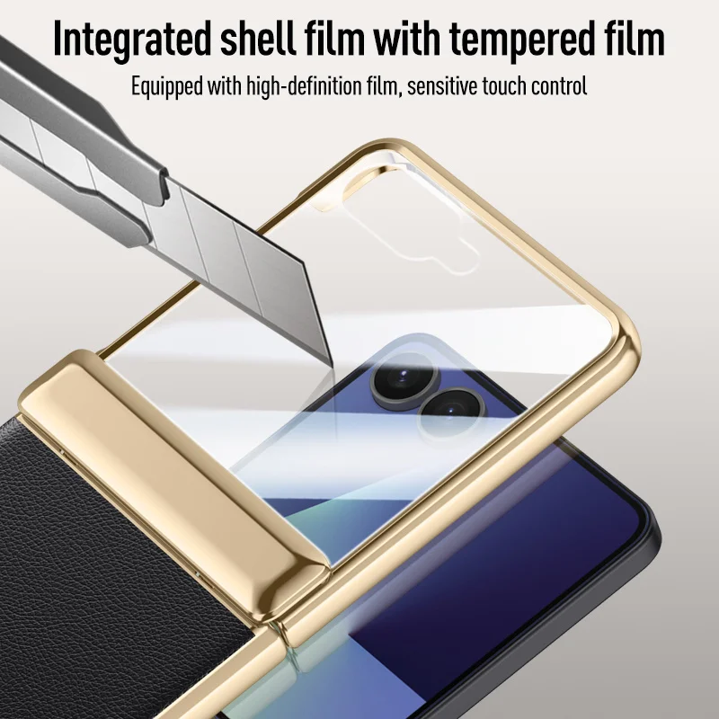 Funda de teléfono con película protectora de pantalla de cuero PU con bisagras de resorte electrochapadas de lujo para Samsung Galaxy Z Flip7 flip 7 cubierta a prueba de golpes - imagen 3