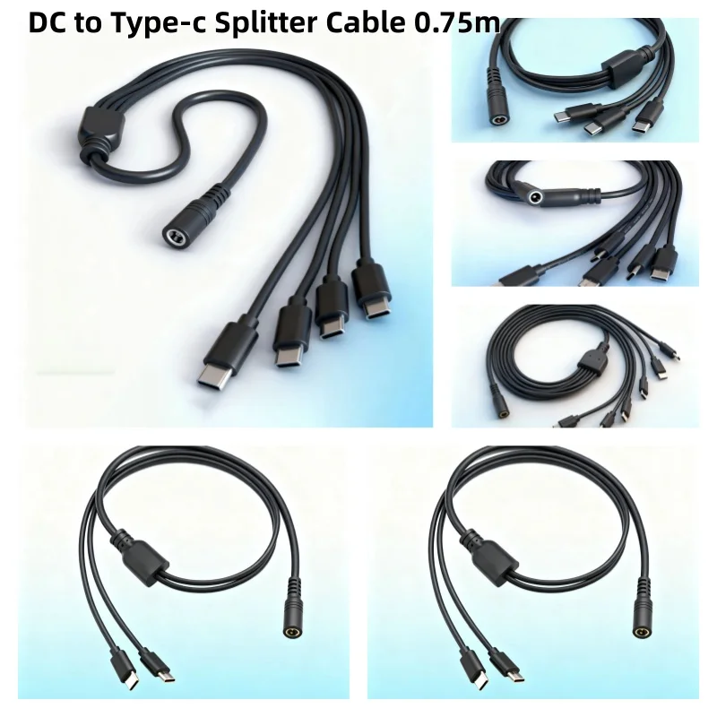 Cables divisores DC 5,5*2,1mm a tipo c Cables de cargador de energía 0,75 M 1 a 2 3 4 5 6 Cable de datos 18AWG todos los cables de alimentación Coppwe