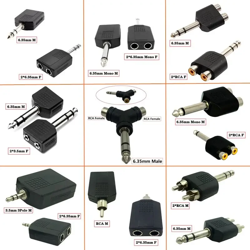 Adaptador de Audio 6,35mm 1/2, 6,35 a doble AV, dos orificios RCA de loto, 3,5/RCA macho a 2*6,35 hembra, amplificador, altavoz, micrófono