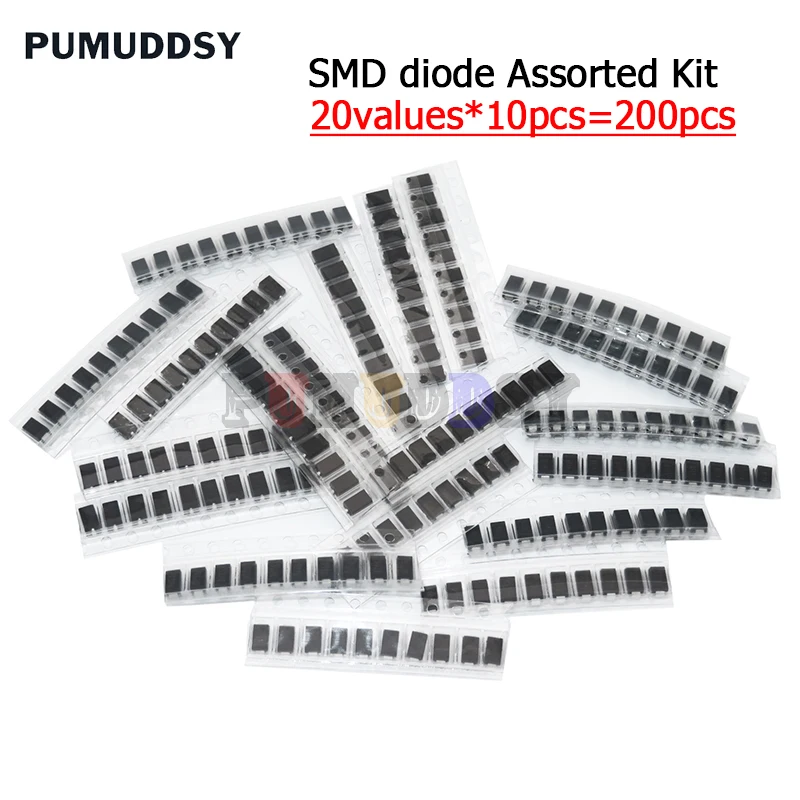 Lote de 200 unidades de set de diodos surtidos SMD, 20 unidades x 10 unidades, contiene SS110, SS220, SS210, SS310, SS510, SS16, SS26, SS34, SS36, ES1J, ES1D, M7, M4, US1M