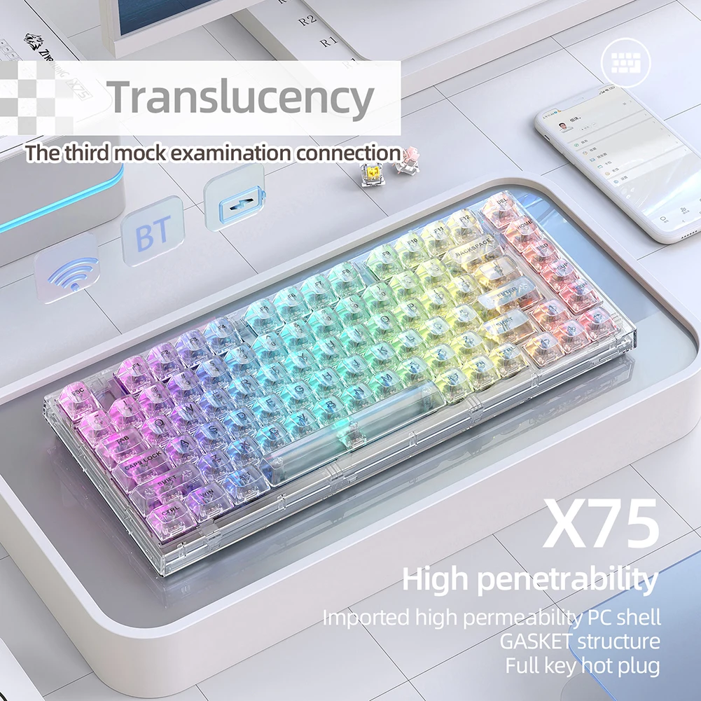 Teclado mecánico transparente X75 para Gaming, accesorio intercambiable con cable RGB, retroiluminado, para ordenador portátil y PC - imagen 3