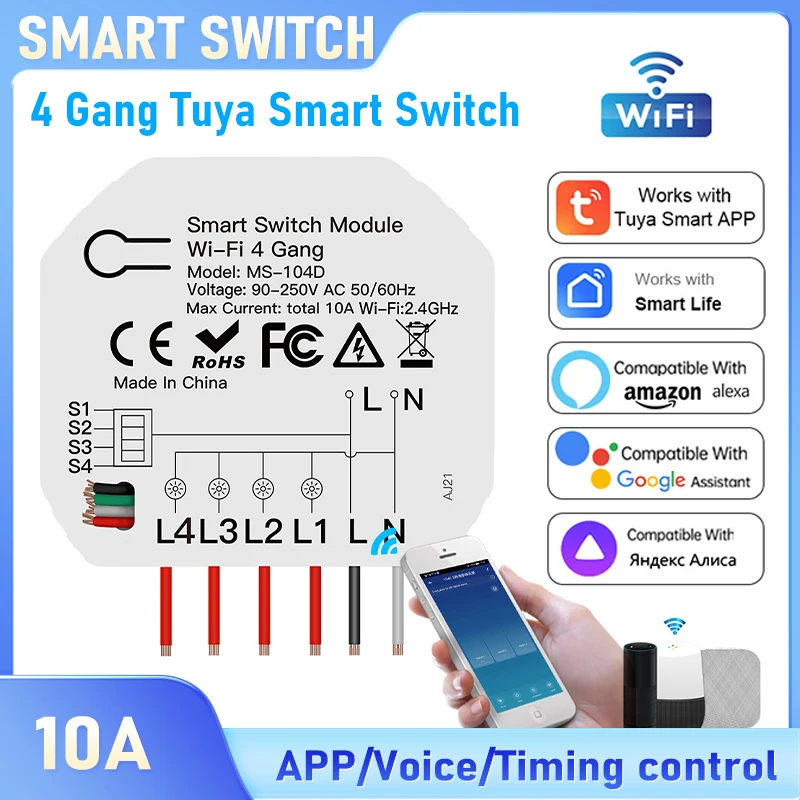 MINI interruptor inteligente Tuya WiFi de 4 canales, temporizador de aplicación y Control por voz, funciona con asistente de Alexa/Google, renovación de equipos antiguos DIY