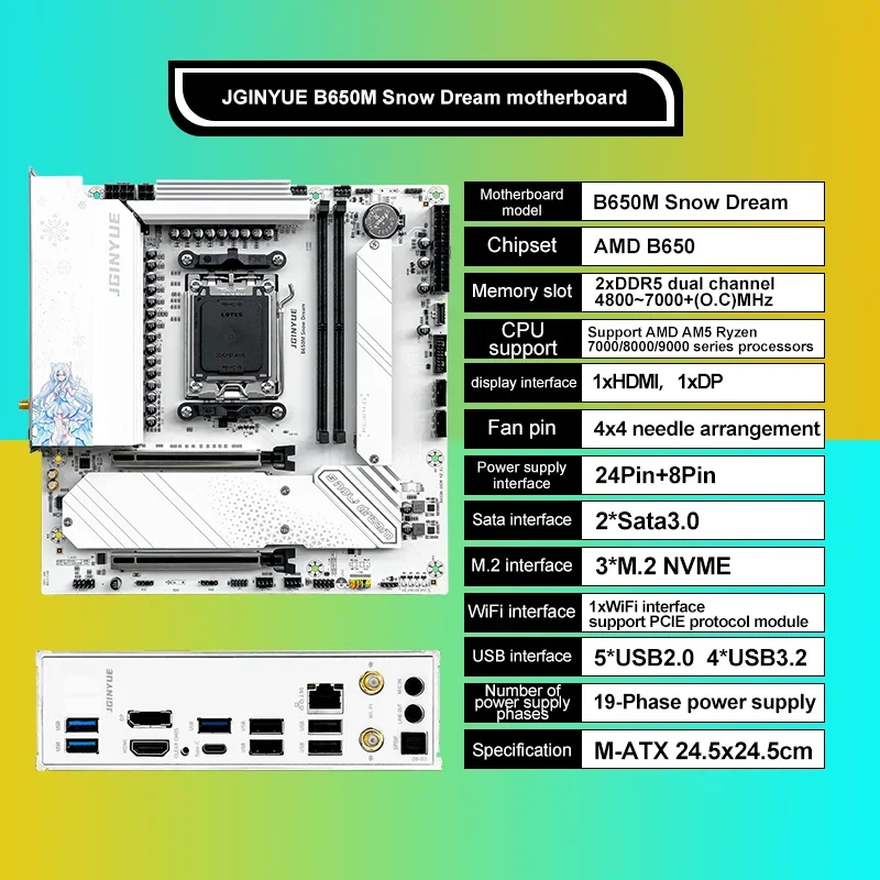 JGINYUE B650M AM5 juego de placa base con R5 7600X 2*16GB = 32GB DDR5 6000Mhz ARGB PCIe 4,0 × 4 M.2 B650M Snow Dream M-ATX placa base - imagen 2
