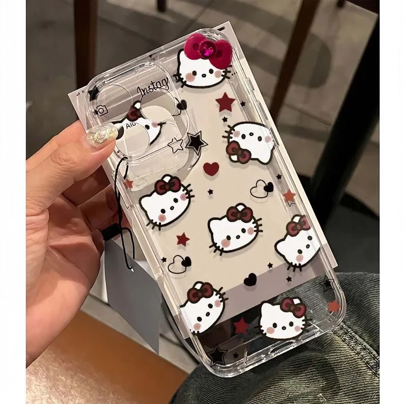 Funda de teléfono para IPhone 16 15 14 12 11 Pro Max 13 Mini 16E XR 8 Plus SE4 Hello Kitty Bow Clear Creative Cámara Fundas protectoras - imagen 4