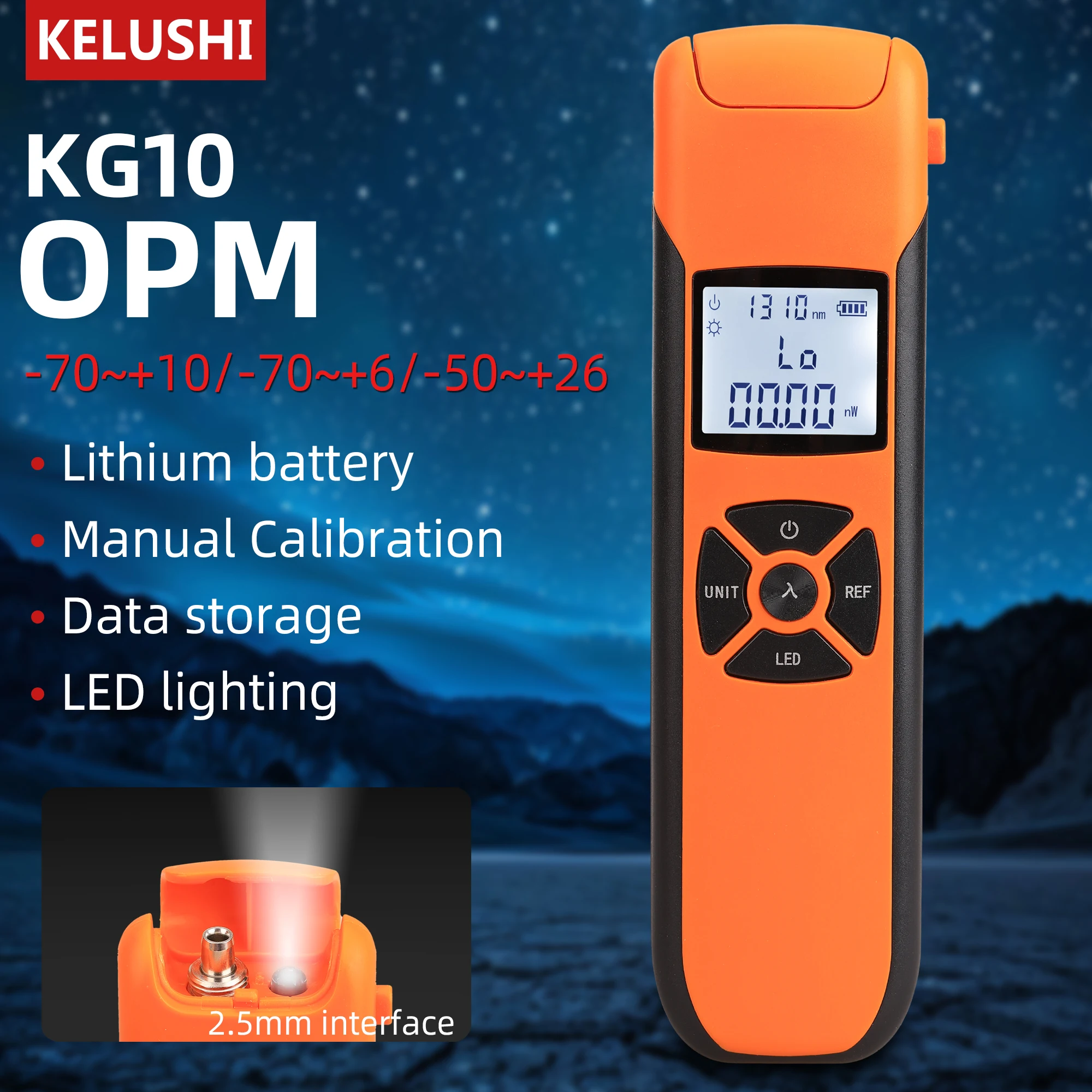 Mini medidor de potencia óptica FTTH, modelo de carga KG10, medidor de potencia de fibra OPM -70 ~ + 10/-70 ~ + 6/-50 ~ + 26 con Detector de fibra de Flash