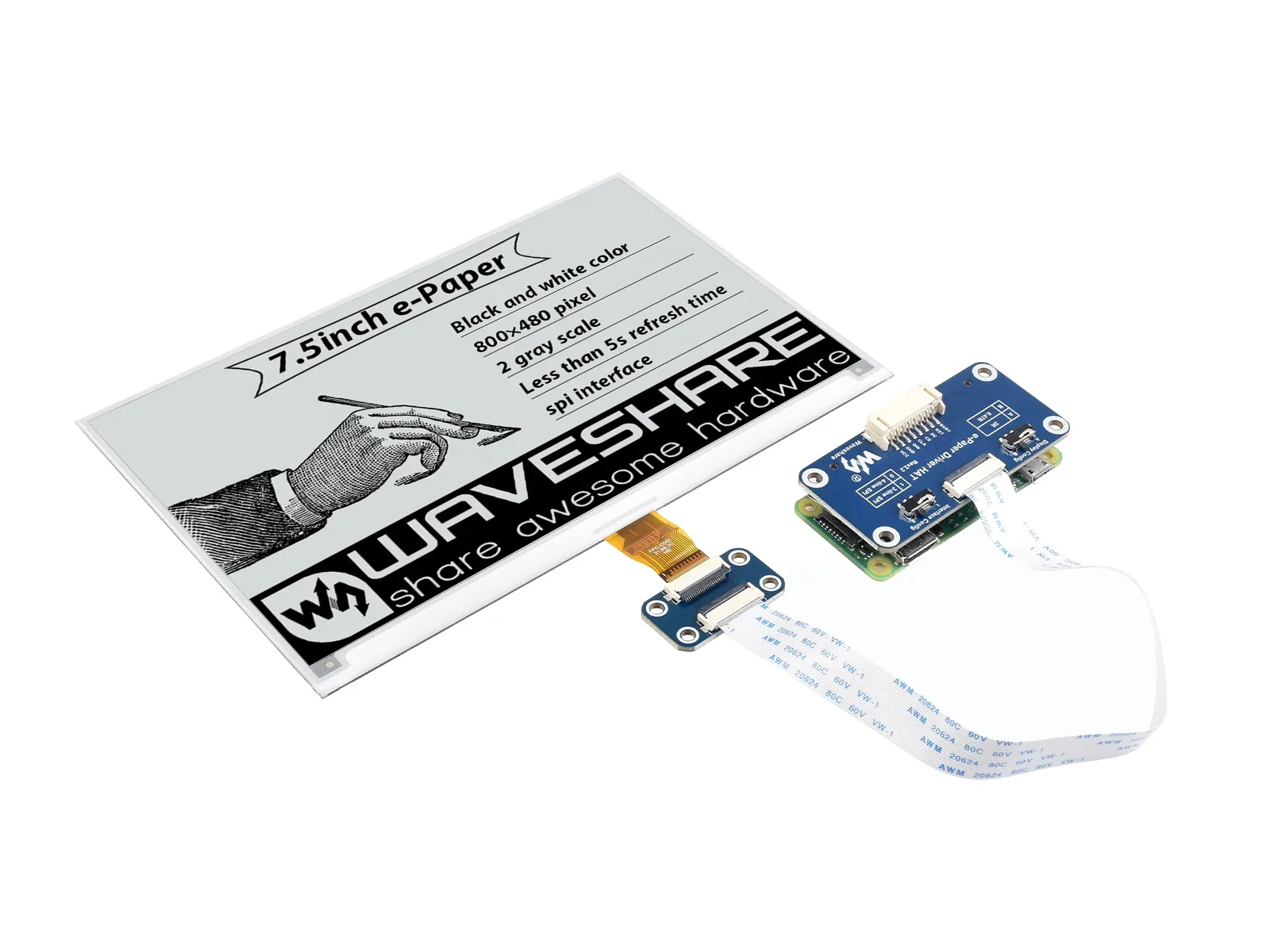 Waveshare 800x480 7,5 pulgadas E-Ink HAT Pantalla de papel electrónico compatible con Raspberry Pi STM32 Dos colores Consumo de energía ultrabajo - imagen 2