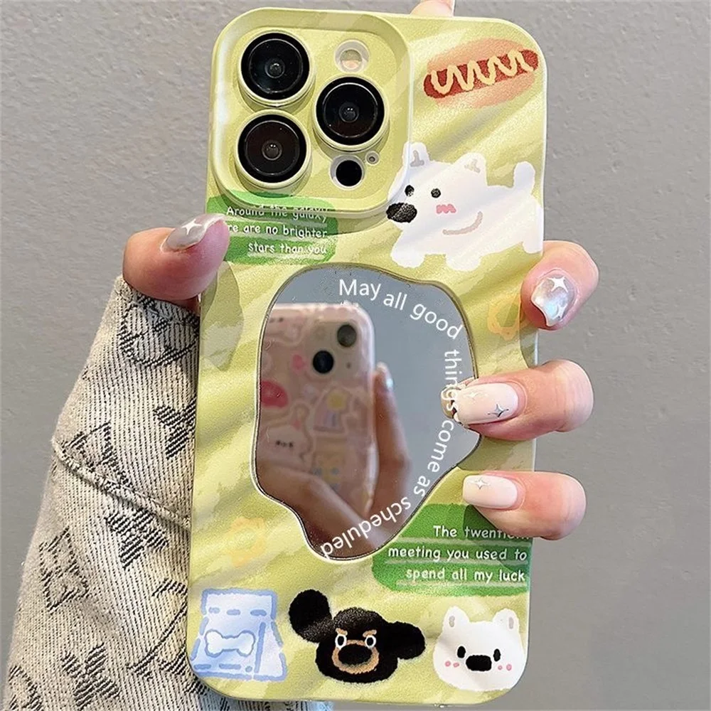 Funda de teléfono con espejo de maquillaje de perro cortado para iPhone 11 13 15 16 Pro Max 14 12 16promax 15promax 14promax Funda suave a prueba de golpes - imagen 4