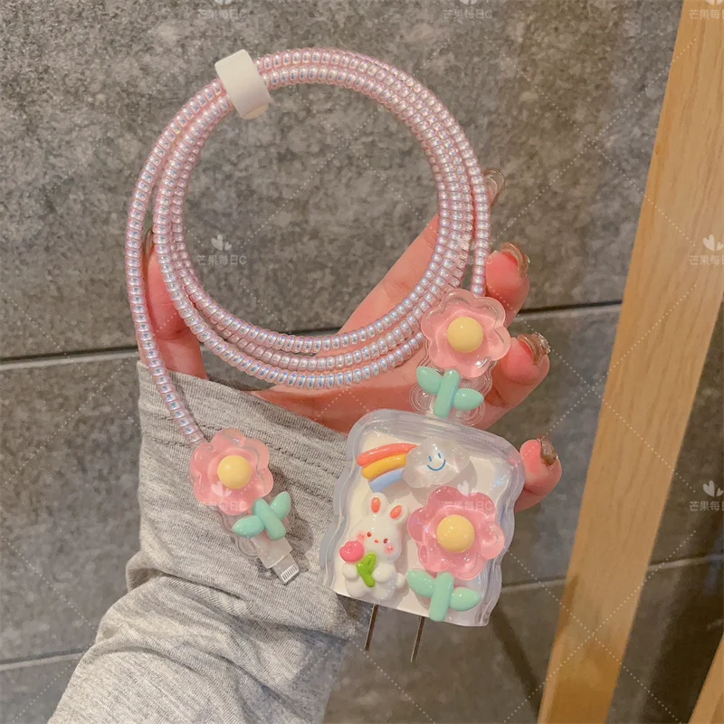 Nueva funda de cargador de silicona transparente con flor de conejo azul para IPhone 11 12 13 14 15 18/20W funda protectora de carga funda de cargador - imagen 3