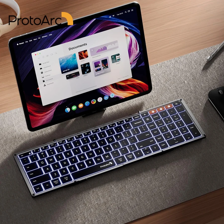 ProtoArc-teclado inalámbrico plegable, portátil, Bluetooth, retroiluminado, para viaje, iPad, tableta, portátil