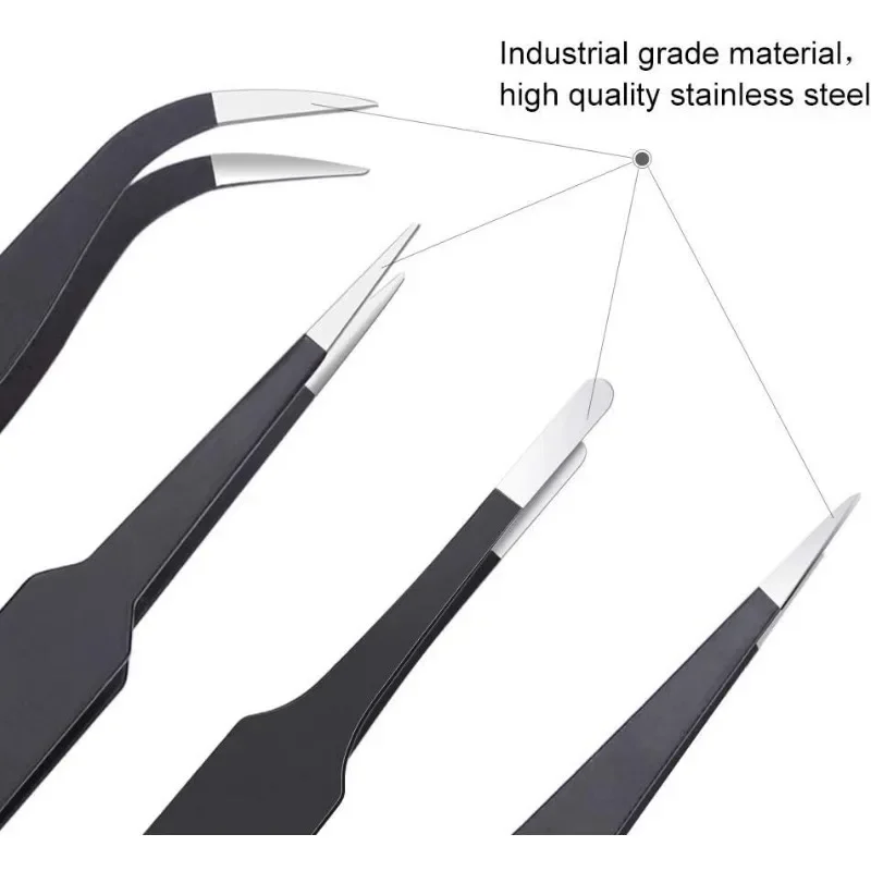 Juego de pinzas precisión ESD, herramienta reparación antiestáticas acero inoxidable para electrónica, herramientas artesanales, 6 uds