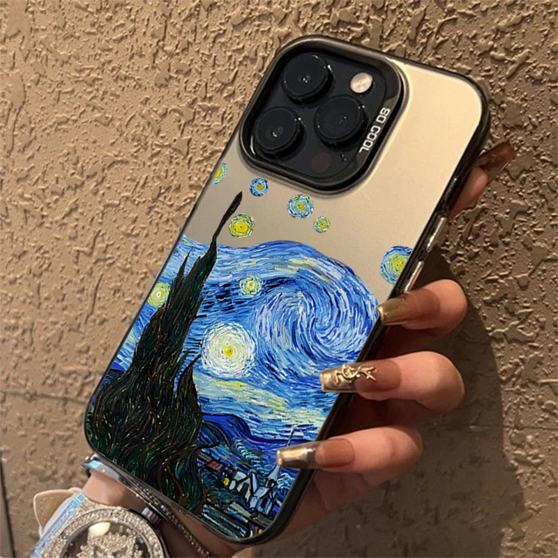 Van Gogh pintura al óleo galvanizada plata IMD funda de teléfono para iPhone 11 12 13 14 15 16 Pro Max 7 Plus X XR cubierta trasera a prueba de golpes - imagen 3