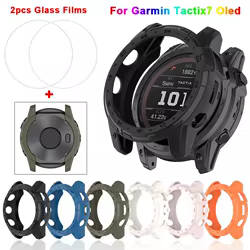 Funda de silicona TPU + Películas de vidrio templado para Garmin Tactix 7 Oled, funda protectora, Protector de pantalla, accesorio para reloj inteligente