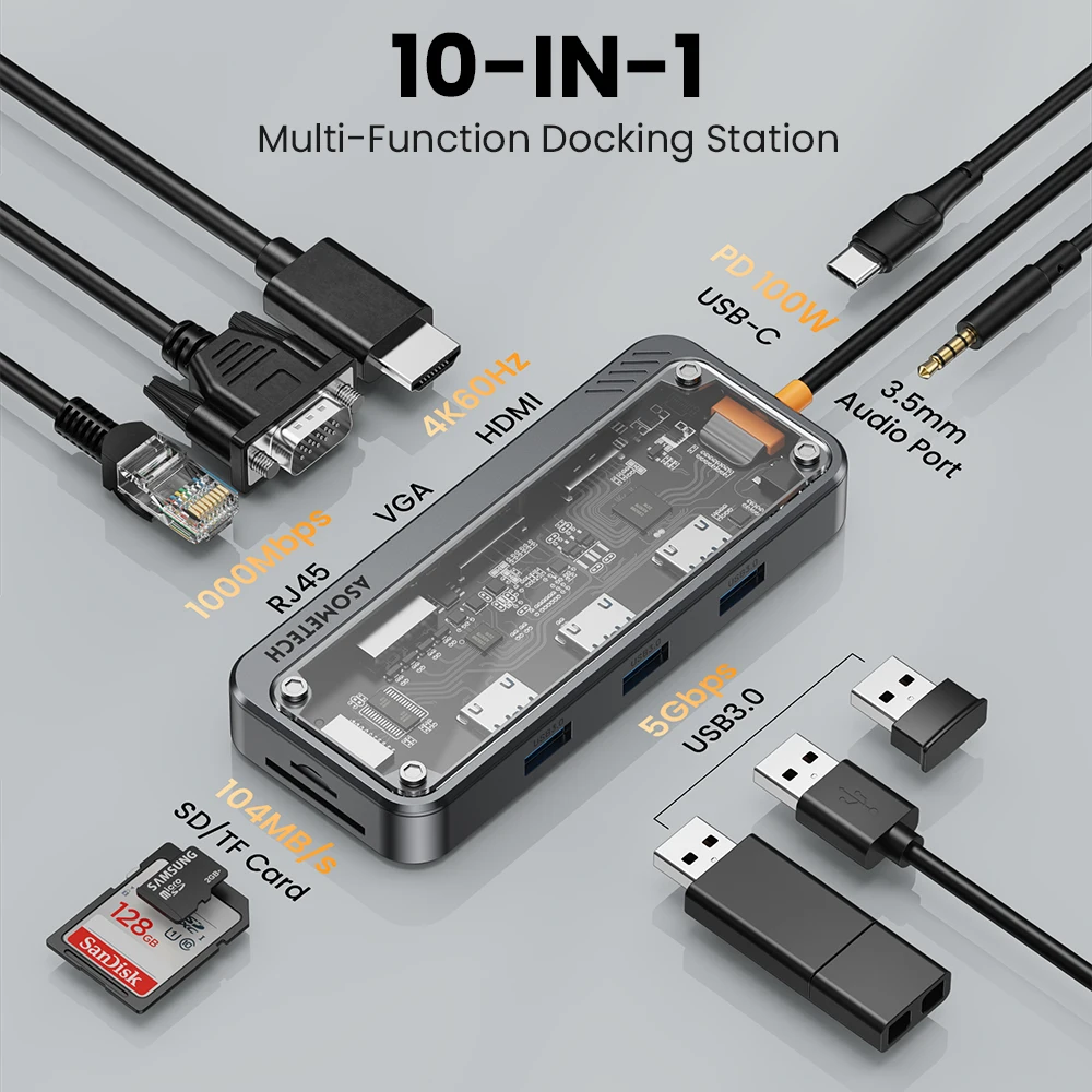 Estación de acoplamiento USB C HUB 10 en 1 tipo C a HDMI compatible con concentrador Usb 3,0 adaptador PD 100W para carga rápida Macbook PC portátil tableta - imagen 3