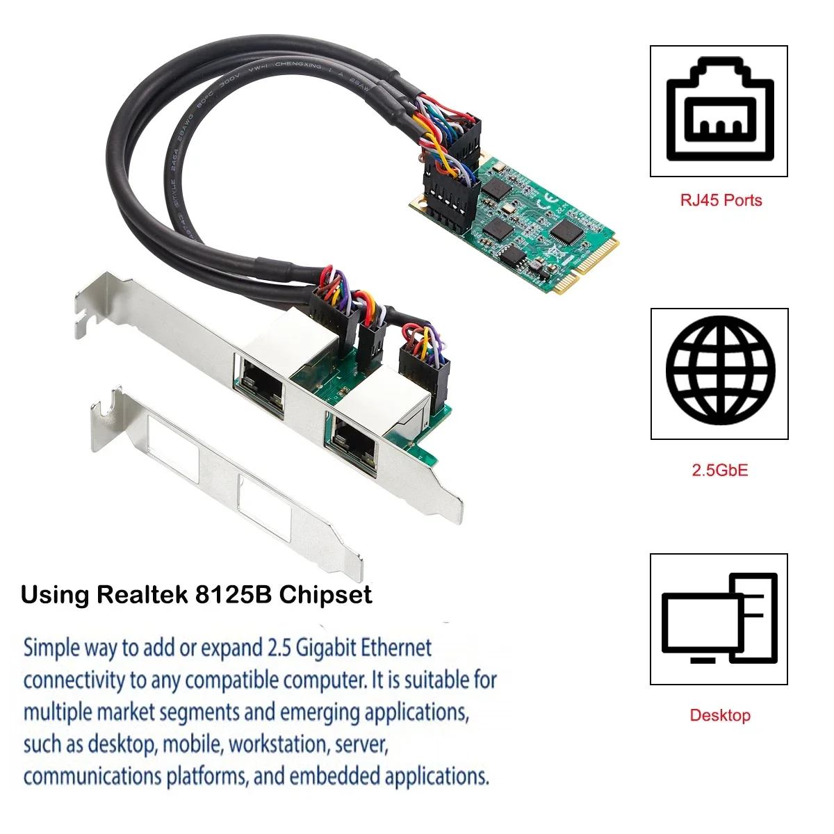 Tarjeta de red IOCREST 2,5G Mini PCIe a RJ45 puertos duales 2500Mbps Mini PCI Express NIC Lan Card para Chipset Realtek 8125B - imagen 2