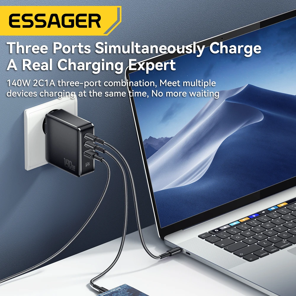 Essager-cargador USB tipo C GaN de 140W, dispositivo de carga rápida PD 3,1 QC 4,0 3,0, para MacBook Pro, iPhone 14 y portátil - imagen 3
