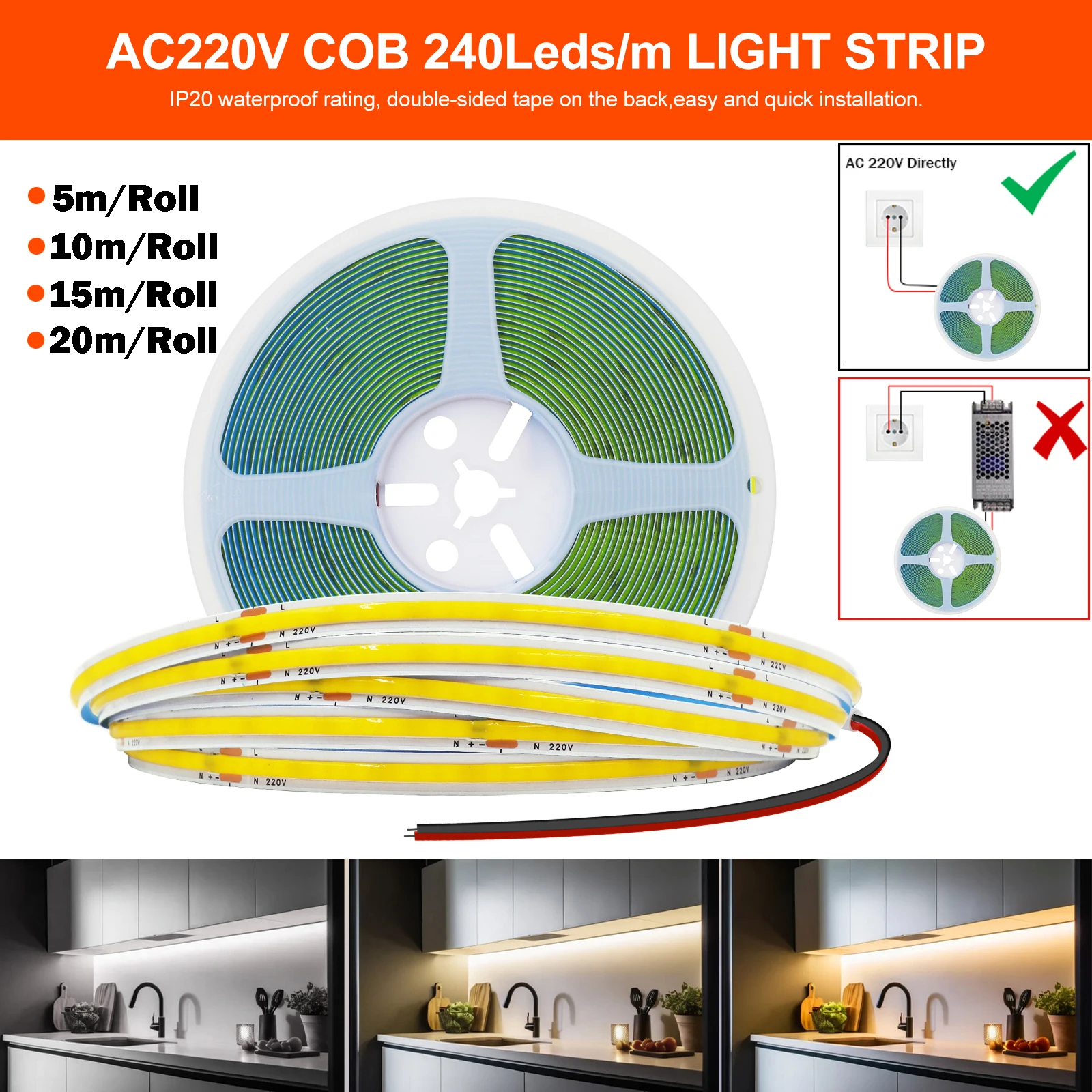 Tira de luces LED COB de 220V, sin necesidad de controlador, 240LEDs/m, 5m, 10m, 15m, 20m, cinta de luz lineal roja/azul/verde/rosa/blanca para iluminación del hogar - imagen 3