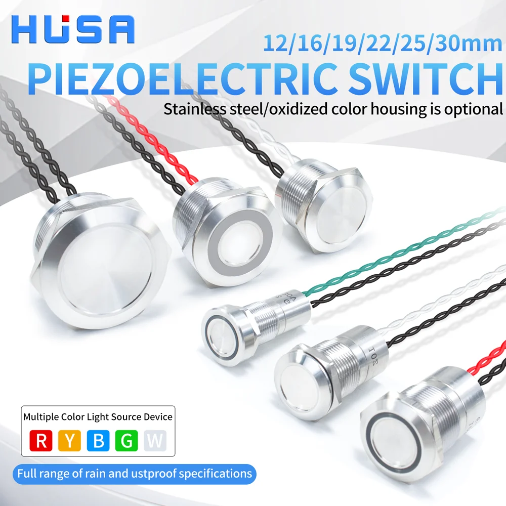 Interruptor cerámico piezoeléctrico de metal, 12/16/19/22/25/30mm, autobloqueo, reinicio automático, botón de presión táctil impermeable HUSA