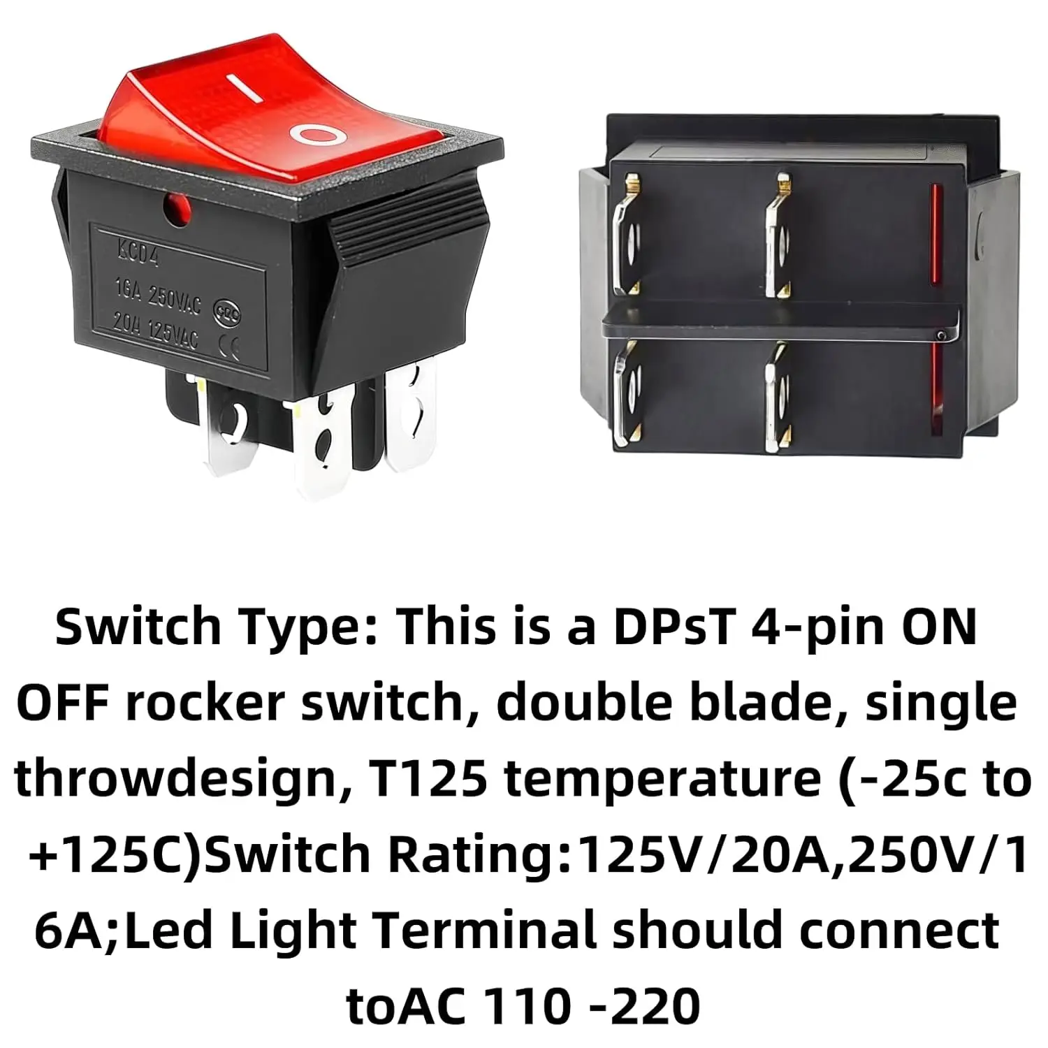8 Uds KCD4 interruptores basculantes DPST de 4 pines, 16A 250V AC/125V, 40A 12V DC-palanca de encendido/apagado iluminada roja resistente para barcos, prensa de calor - imagen 5