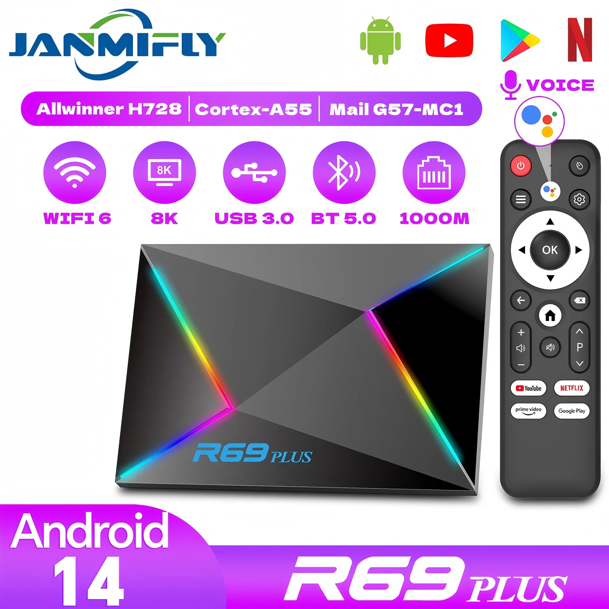 Nuevo Android 14,0 R69PLUS WIFI 6 Bluetooth 5,0 Allwinner H728 octa-core ARM Cortex A55 TV Box Control de voz HD 8K decodificador - imagen 2
