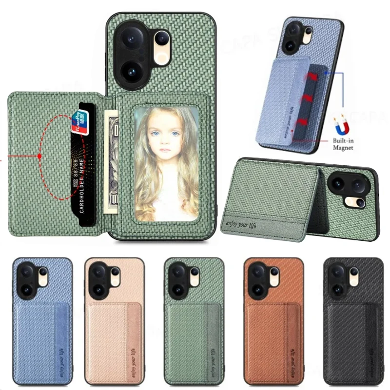 Para VIVO X200 FE imán cartera tarjetero Funda de cuero para VIVO S30 Pro Mini fibra de carbono Flip cuero cubierta con soporte magnético