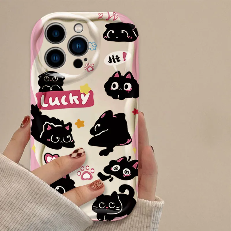 Precioso gato negro 3D Wave funda para iPhone 16 15 14 13 12 11 Pro Max X XR XS 8 7 Plus SE 2020 cubierta trasera de silicona transparente a prueba de golpes - imagen 3