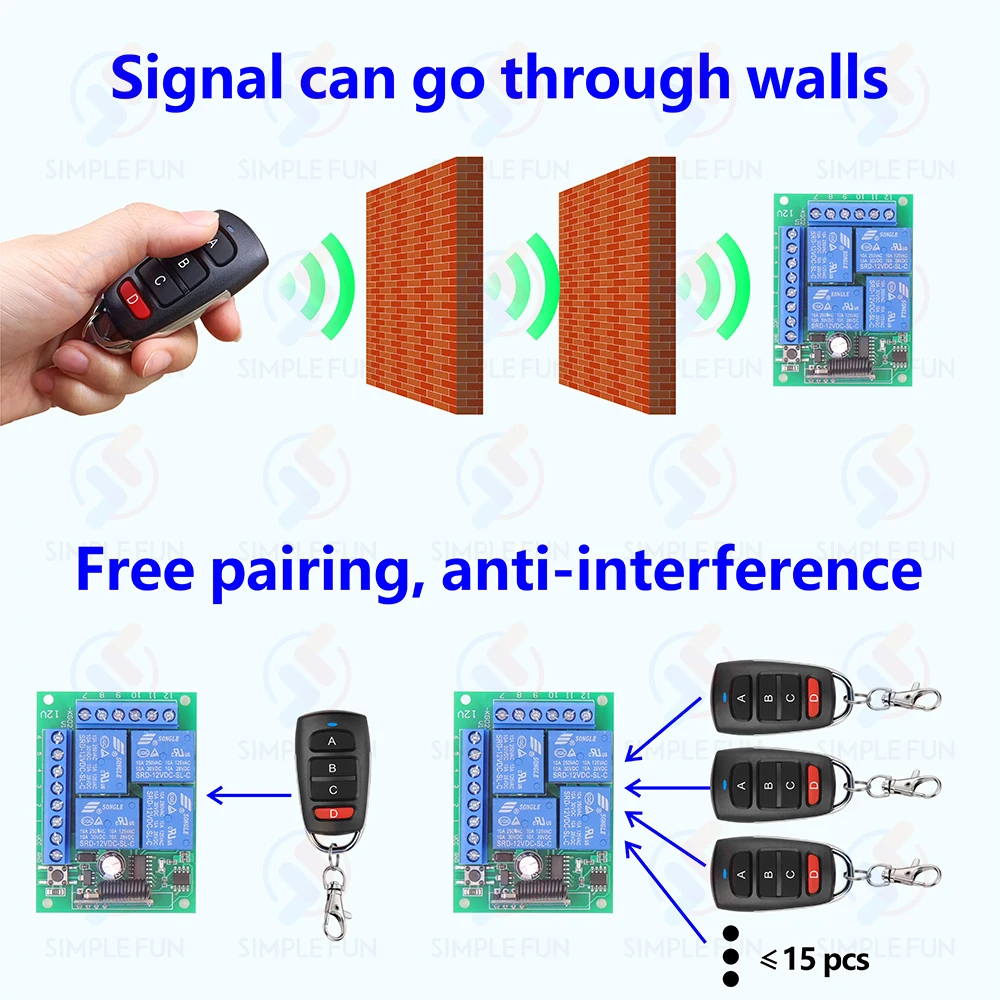 Interruptor de luz con Control remoto inalámbrico Universal, 433Mhz, CC de 12V, 4 canales, receptor de relé RF, alcance de 60m para luz/puerta de garaje/LED DIY - imagen 4
