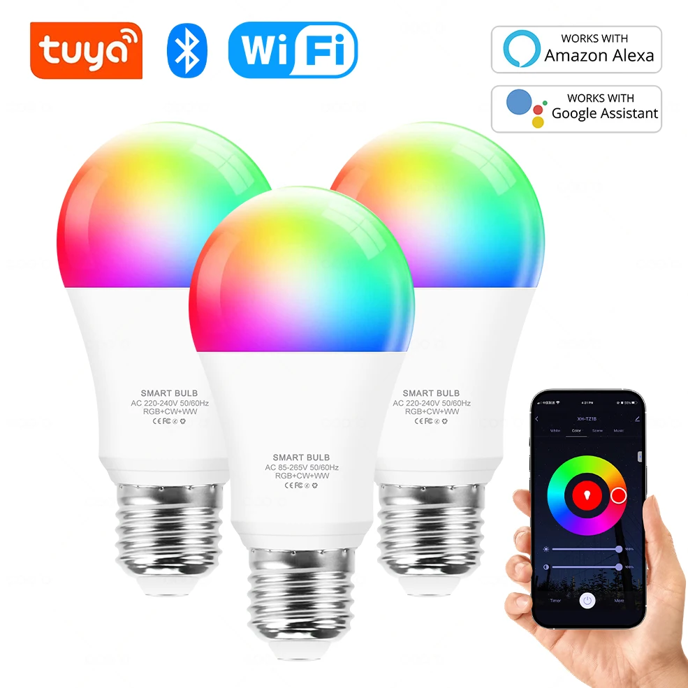Tuya Wifi E27 lámpara Led RGB CW WW 15W bombilla Led Bluetooth funciona con Alexa Amazon Google Home para decoración de vida inteligente