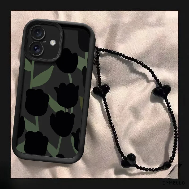 Funda de cadena de teléfono con corazón de amor de tulipán negro para Oneplus 12 11 10R 11R 12R 8T One Plus NORD CE 2 3 4 LITE pulsera cubierta suave - imagen 5