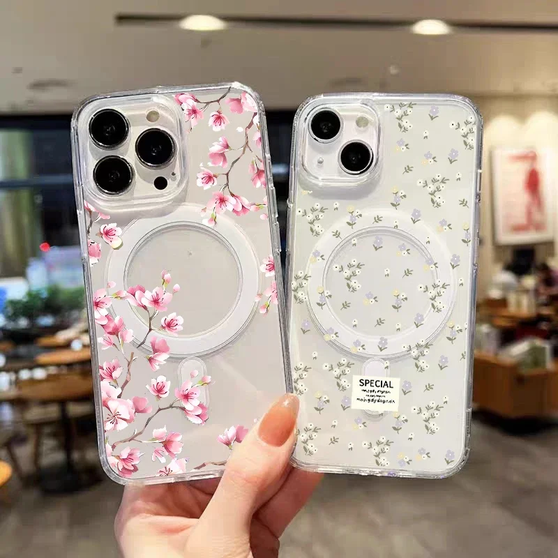Flor rosa púrpura pequeño floral para funda Magsafe para Samsung Galaxy S25 S24 S22 S23 Plus Ultra 5G Flip 6 5 4 3 cubierta magnética