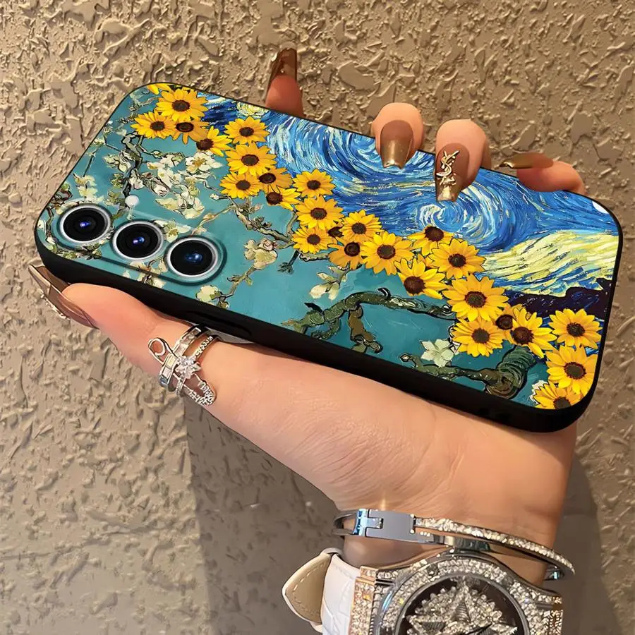 Funda de girasoles Van Gogh para Samsung Galaxy A26 A72 A36 A41 A35 A22 A52 A32 A51 A73 A23 A53 A25 A71 A24 A55 teléfono suave negro - imagen 4