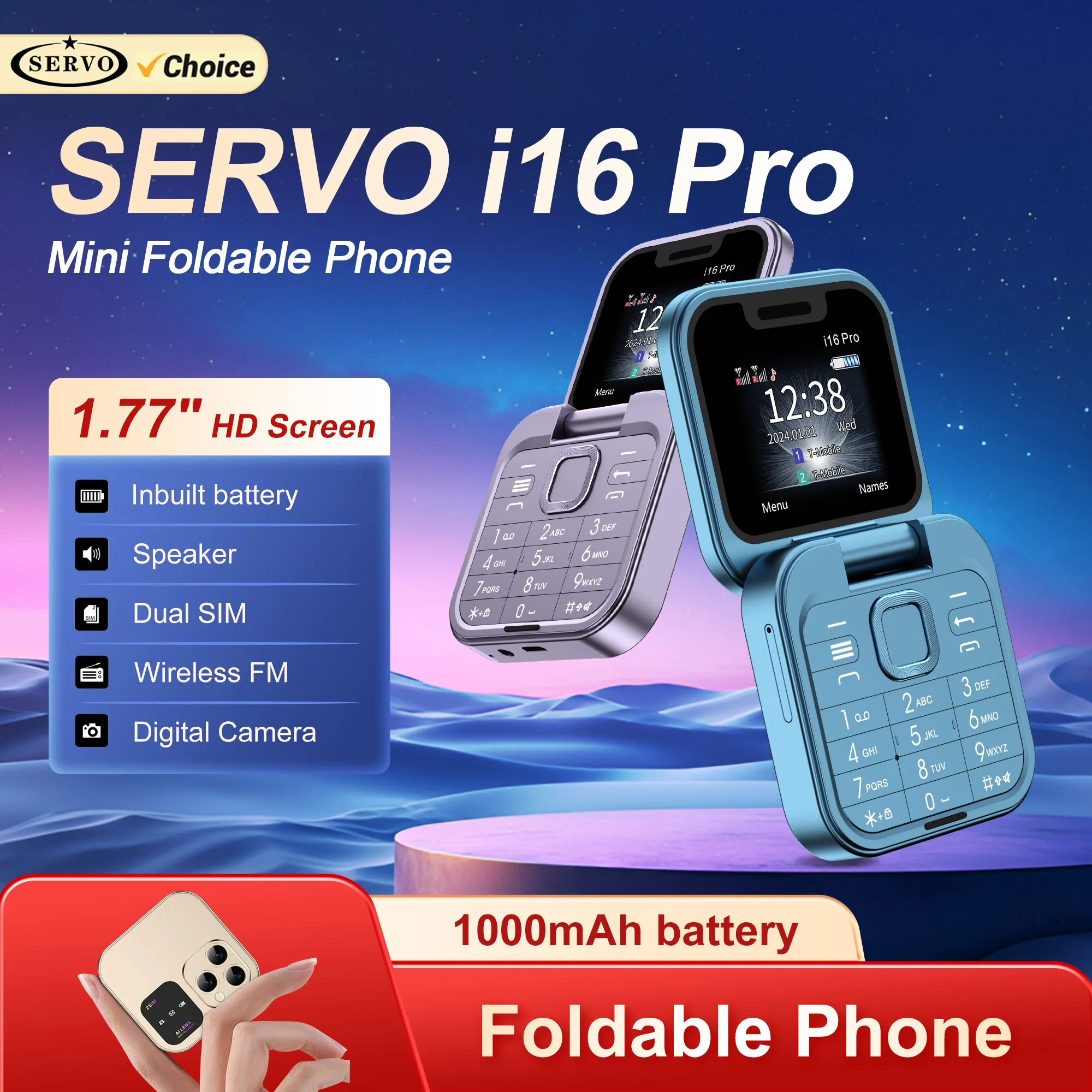 SERVO i16 Pro Mini teléfono móvil con tapa Dual SIM en espera voz mágica velocidad Dial lista negra linterna súper pequeño teléfono móvil plegable