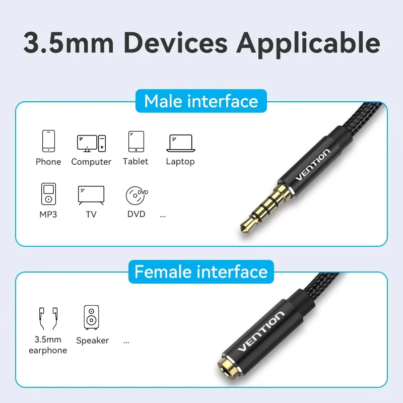 Vention Jack-Cable de extensión auxiliar de 3,5mm para coche, portátil, Mini PC, TV, Xiaomi, Huawei, estéreo, 3,5mm, auriculares, altavoz - imagen 5