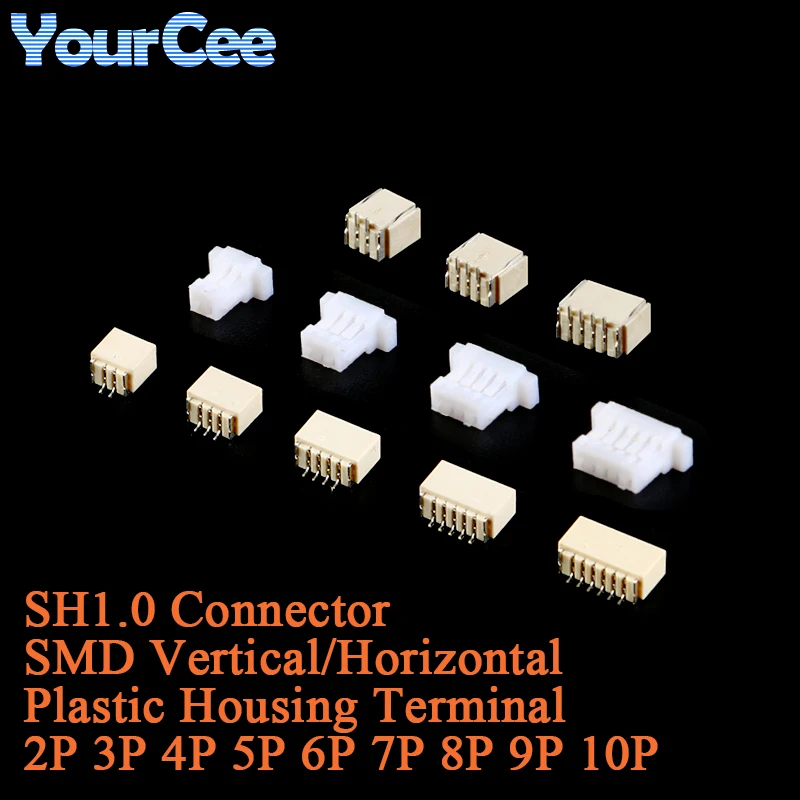 50 Uds JST SH1.0 conector SMD de 1,0mm tipo Vertical/Horizontal carcasa de enchufe cable a placa 2P 3P 4P 5P 6P 7P 8P 9P 10P Terminal