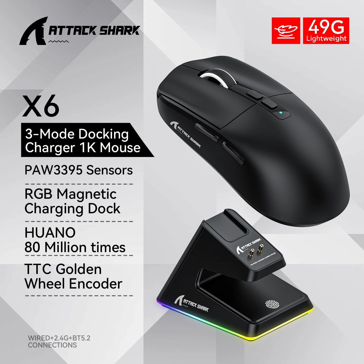 Attack Shark X6 PAW3395 ratón Bluetooth, conexión trimodo, Base de carga magnética táctil RGB, ratón para juegos Macro