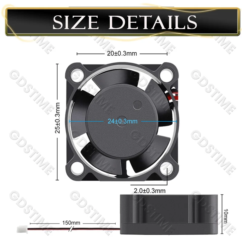 Gdstime 2510 Mini PC Cooler 25x25x10mm 25mm ventilador de impresora 3D 24V DC 12V 5V 2PIN ventilador de refrigeración Axial de doble bola radiador de alta velocidad - imagen 5