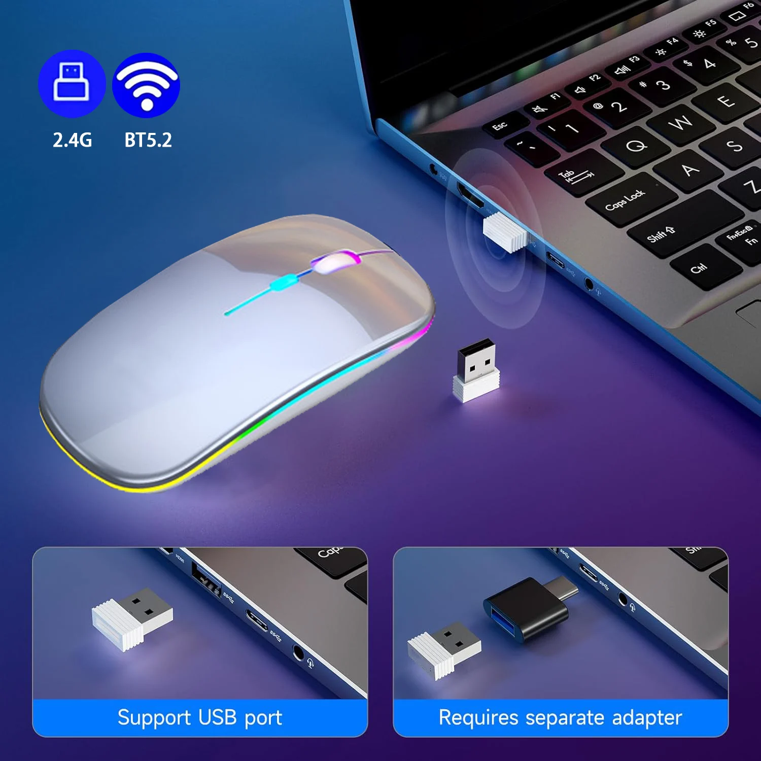 Ratón inalámbrico recargable compatible con Bluetooth 2,4 GHz modos duales ratón de ordenador con Nano receptor para PC portátil Macbook - imagen 4
