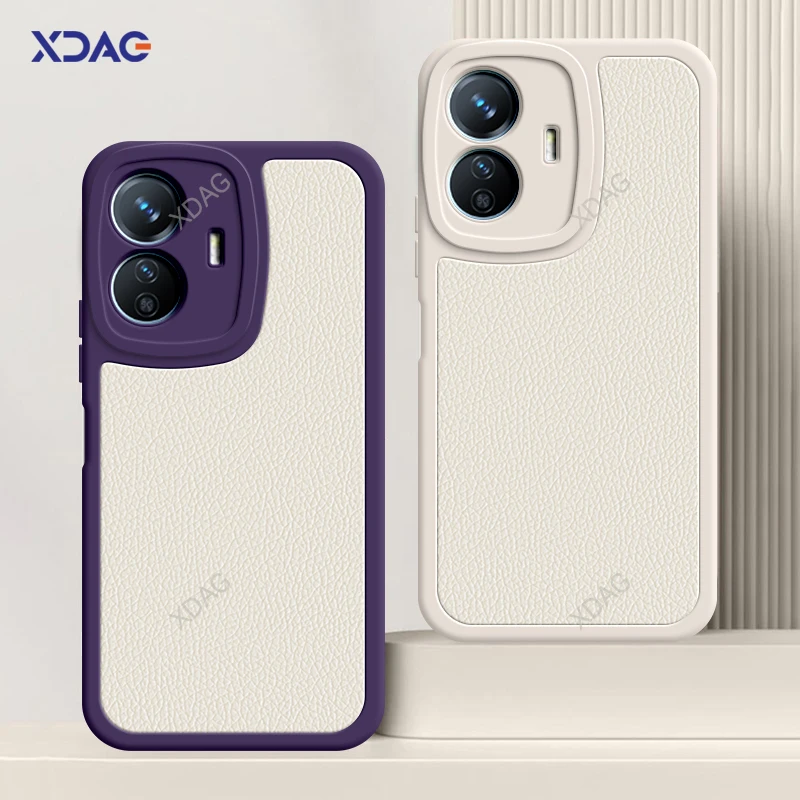 Funda de teléfono cuadrada de piel de cordero para VIVO Y77, Y77E, T1, Y77T, 5G, carcasa Litchi Peel, patrón a prueba de golpes, Funda protectora de cuero clásico - imagen 2