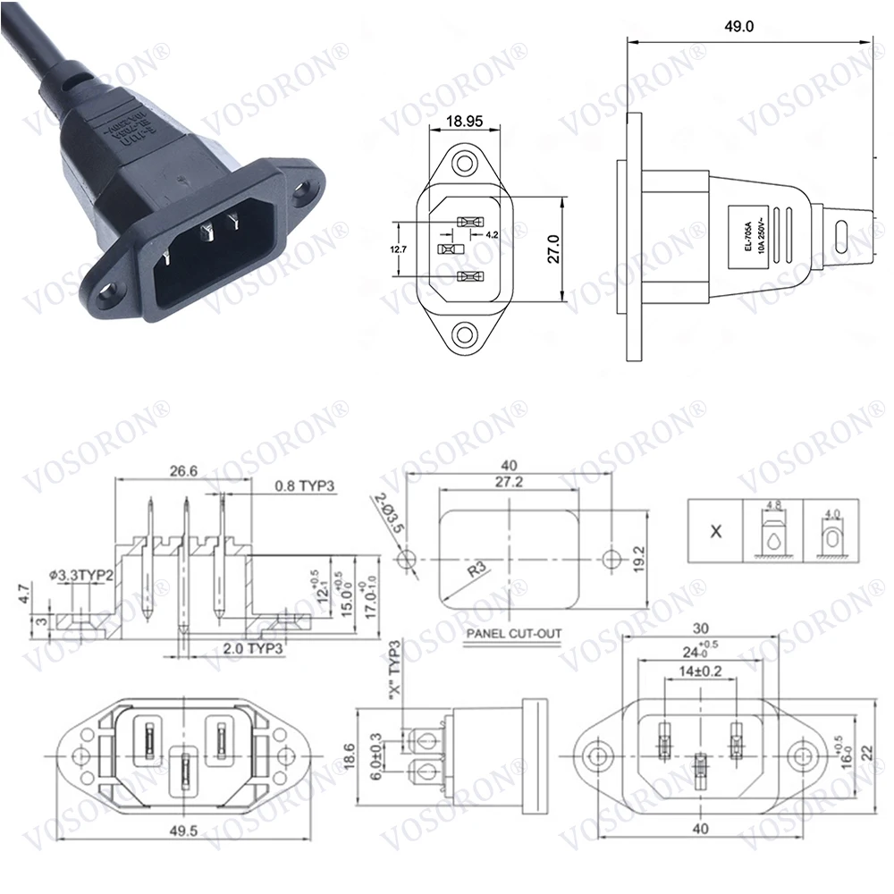 Cable de extensión adaptador de 90 grados C13 a C14 con orificios para tornillos, cable de alimentación de CA en ángulo arriba/abajo IEC320 C14 a C13 de 60 cm/2 pies - imagen 5