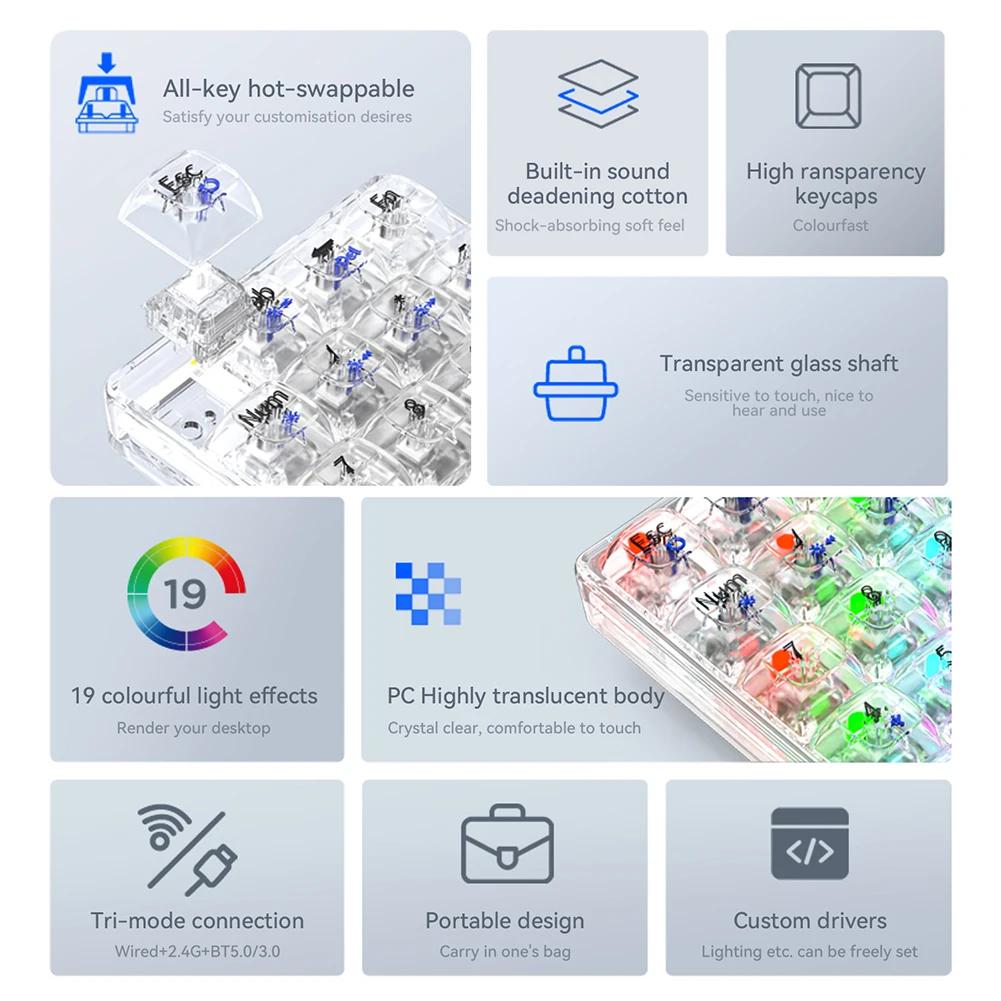 Teclado numérico mecánico Bluetooth K21, teclado numérico transparente de tres modos, 500mAh, intercambiable en caliente para juegos - imagen 5