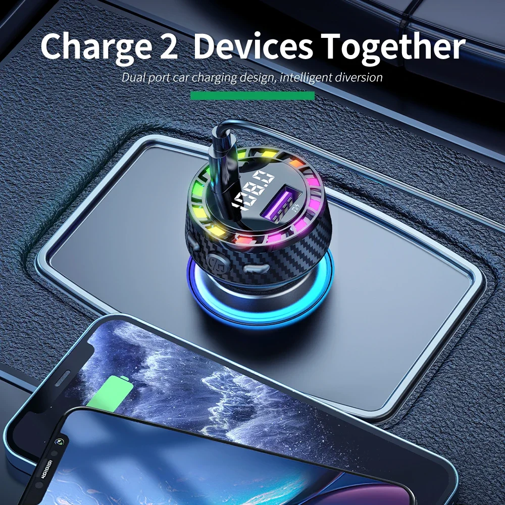 Transmisor FM Bluetooth 5,3 para coche, cargador de Audio para coche, USB Dual tipo C, cargador rápido, luz colorida, reproductor MP3 manos libres - imagen 2