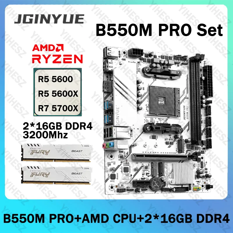 Juego de placa base JGINYUE B550M PRO con AMD R5 5600/5600X R7 5700X 2*16GB = 32GB 3200Mhz DDR4 RAM compatible con PCI-E 3,0 M.2 USB 3,2