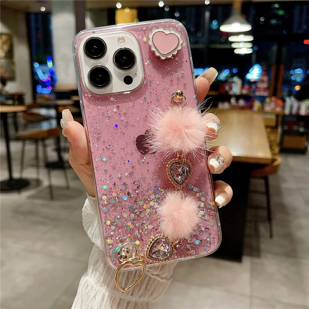 Funda de teléfono con pulsera de felpa de corazón de amor de lujo para Xiaomi Redmi Note 11, 11S, 10, 9 Pro, 10S, 9S, 10A, 10C, 11 Lite, 11T, POCO X3 - imagen 4