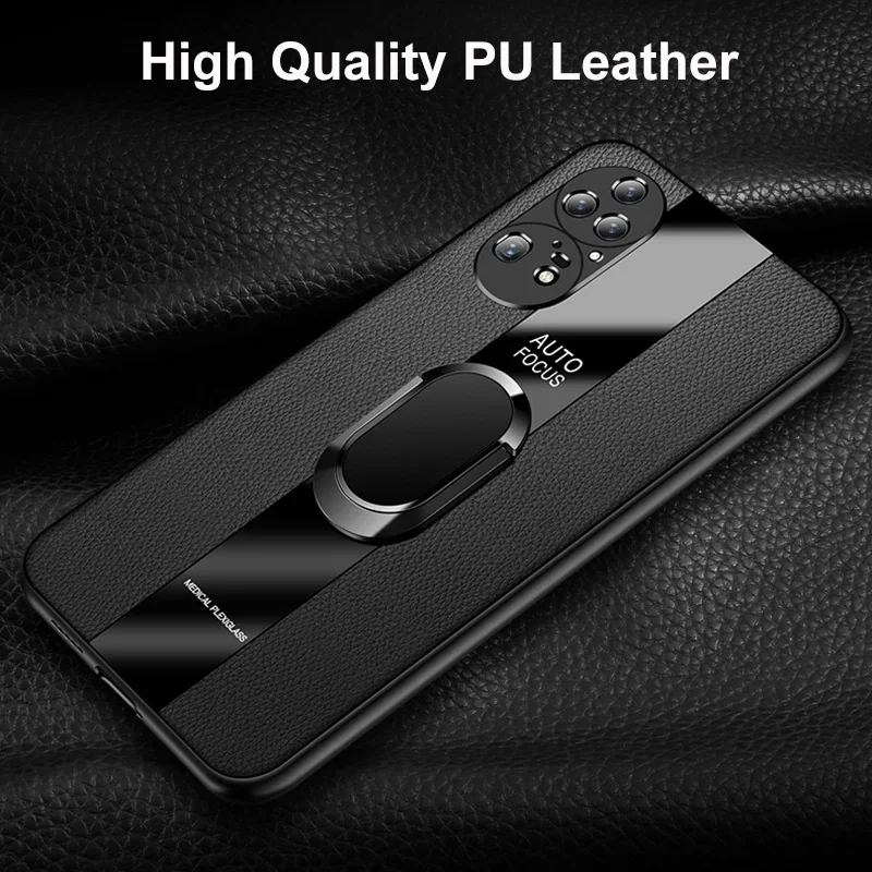 Funda de cuero de lujo para Huawei P40 Lite P50 Pro, soporte de anillo, funda de teléfono de silicona para Huawei Mate 50 20 30 40 Pro Plus Coque - imagen 4