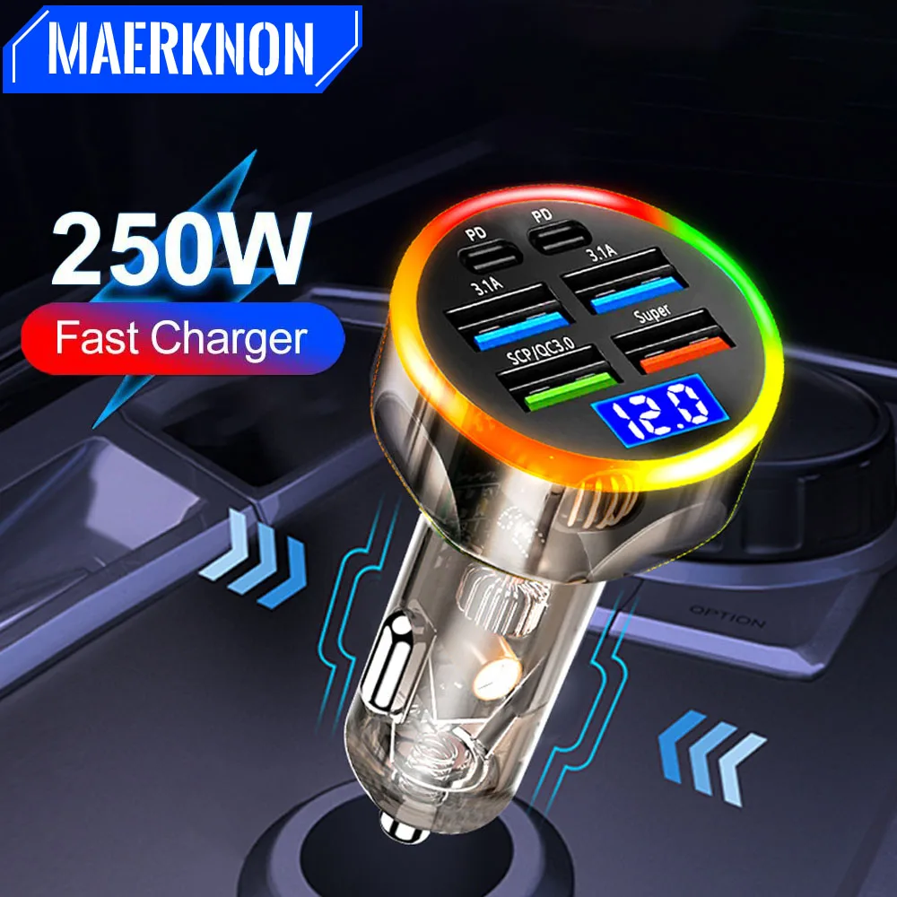 Cargador de coche USB C de 250W PD QC3.0 cargador de teléfono de coche de carga rápida para iPhone 15 Samsung Xiaomi encendedor de cigarrillos de coche de carga rápida