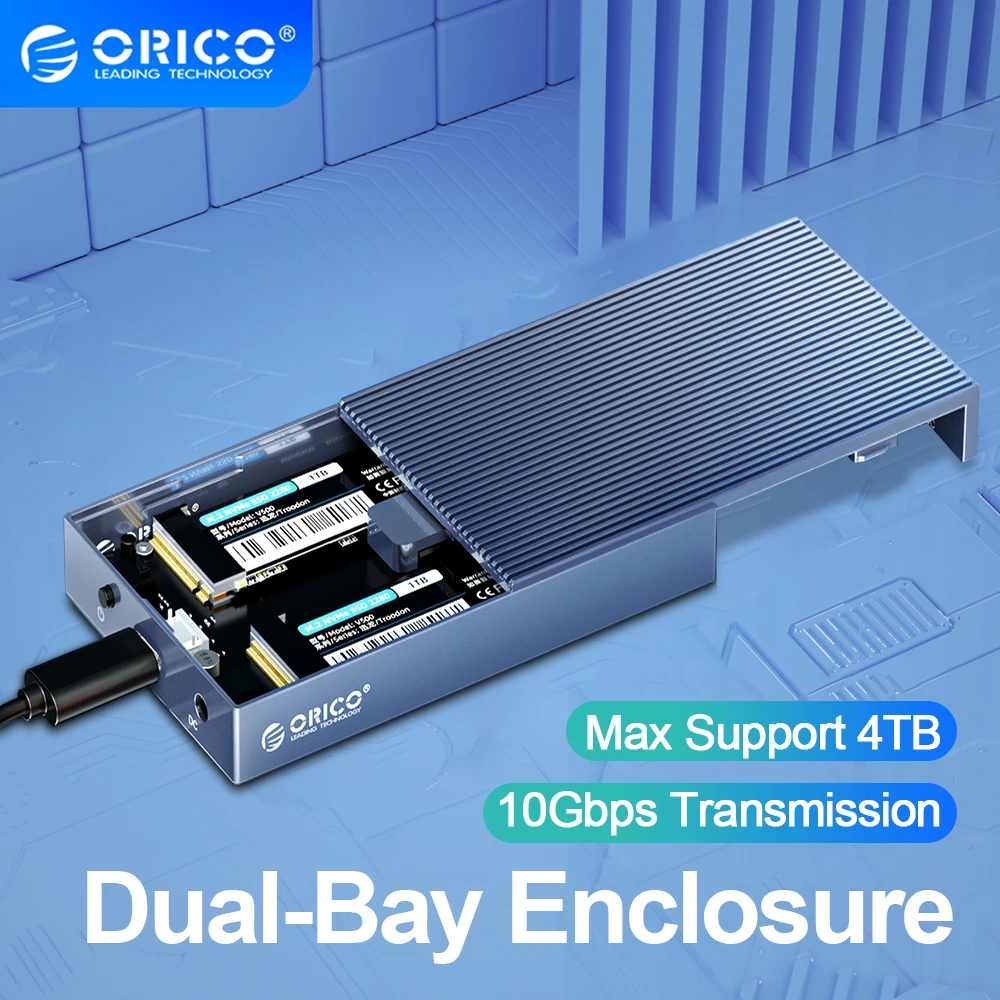 ORICO-carcasa de aluminio M.2 NVME SSD de doble bahía, USB C 3,1 Gen2, 10Gbps, para llave M y llave M/B NVME PCIe SSD con adaptador de corriente 5V4A - imagen 2