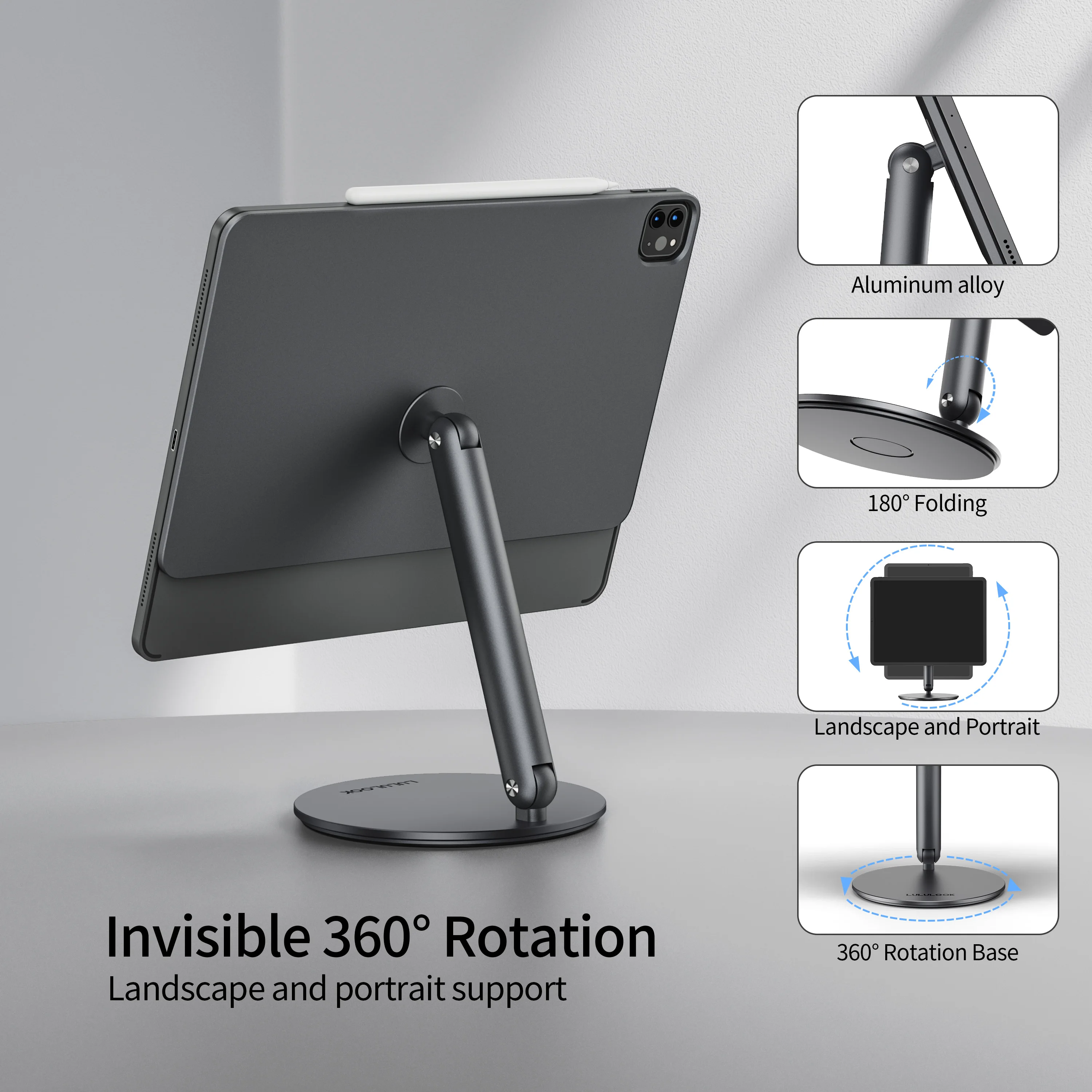 LULULOOK 360 °   Soporte magnético con Base de rotación para iPad Pro, soporte plegable ajustable para iPad Pro 12,9/11 M4 M5 iPad Air M3 5/4th - imagen 4