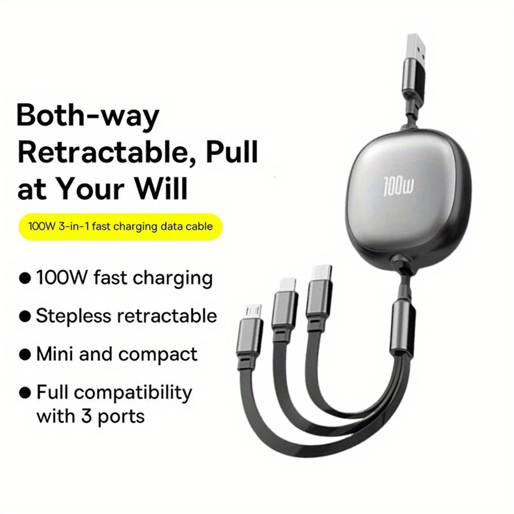 Cable de carga rápida micro retráctil 3 en 1 de 100W USB a tipo C para iPhone 14 13 12 11 Pro Max 7 8 Samsung S24 Xiaomi Cable - imagen 5