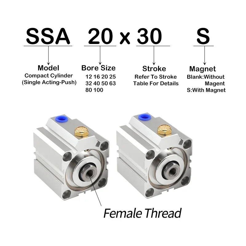 SSA20 25 32 40 50 63 Cilindro de aire neumático compacto de una sola acción Carrera de 5/10/20/30/40/50/60/70/80/90/100 mm - imagen 5